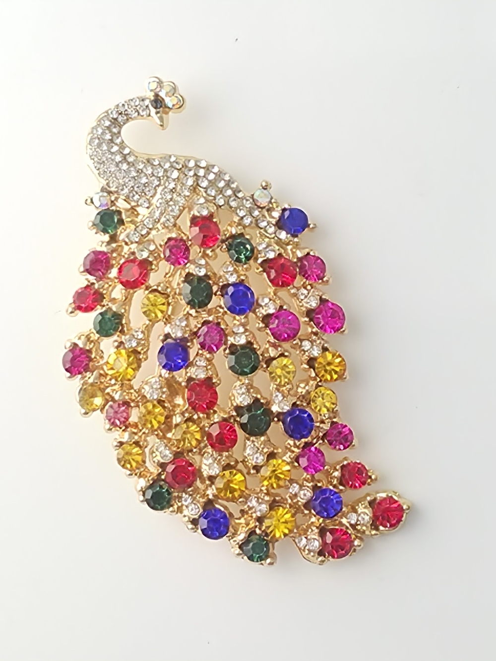 Big 3" Pink Blue Crstal Rhinestone Peacocl Bird Brooch Pin Gold Tone